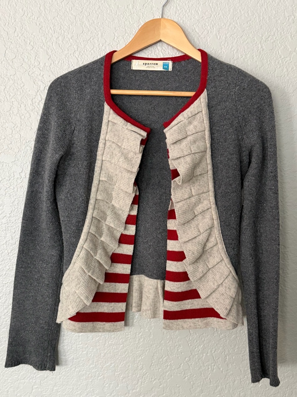 Anthropologie Sparrow Lambswool Gray Cardigan with Cream Ruffle Red Stripe Sz XS